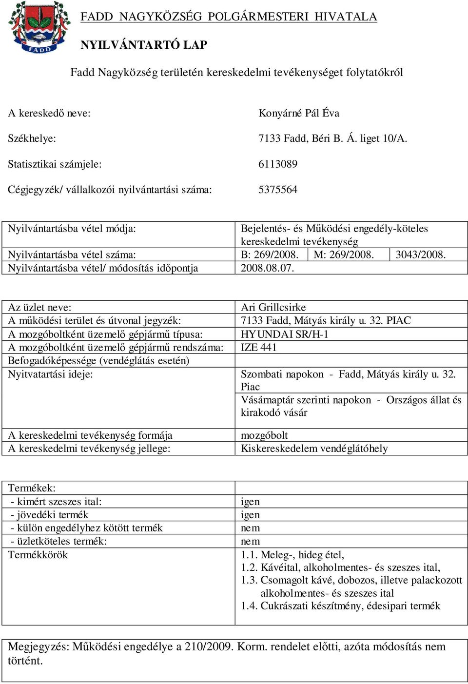 PIAC A mozgóboltként üzemelő gépjármű típusa: HYUNDAI SR/H-1 A mozgóboltként üzemelő gépjármű rendszáma: IZE 441 Szombati napokon - Fadd, Mátyás király u. 32.