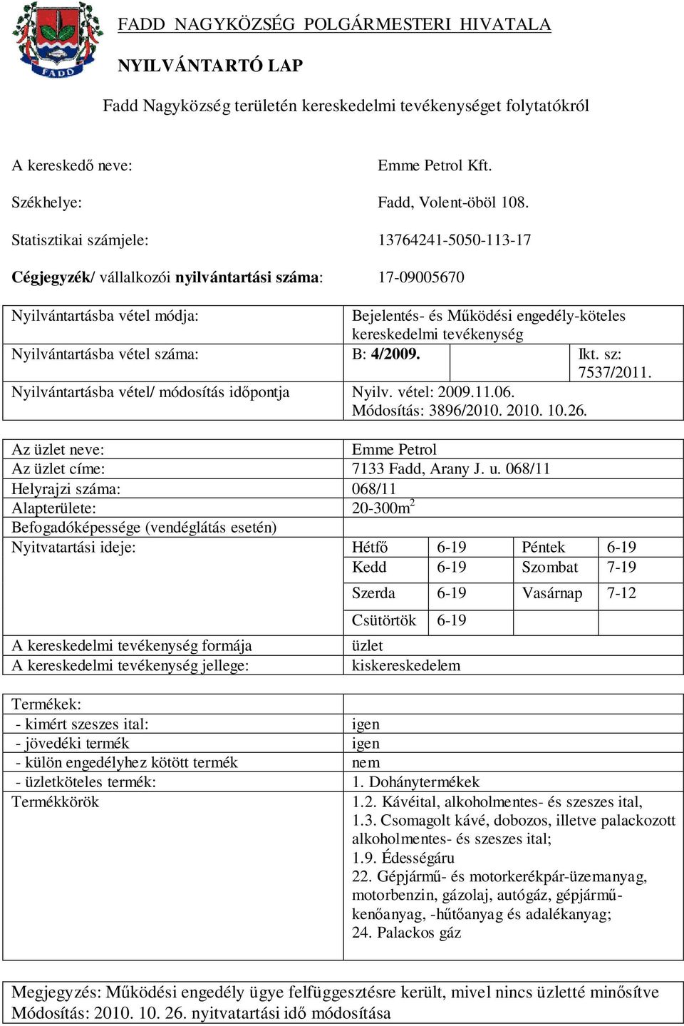 068/11 Helyrajzi száma: 068/11 Alapterülete: 20-300m 2 Hétfő 6-19 Péntek 6-19 Kedd 6-19 Szombat 7-19 Szerda 6-19 Vasárnap 7-12 Csütörtök 6-19 kiskereskedelem - kimért szeszes ital: igen - jövedéki