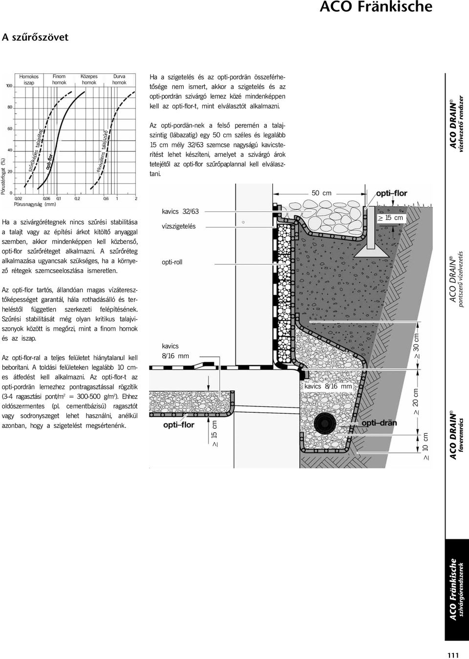 Az opti-pordän-nek a felsõ peremén a talajszintig (lábazatig) egy 50 cm széles és legalább 15 cm mély 32/63 szemcse nagyságú kavicsterítést lehet készíteni, amelyet a szivárgó árok tetejétõl az