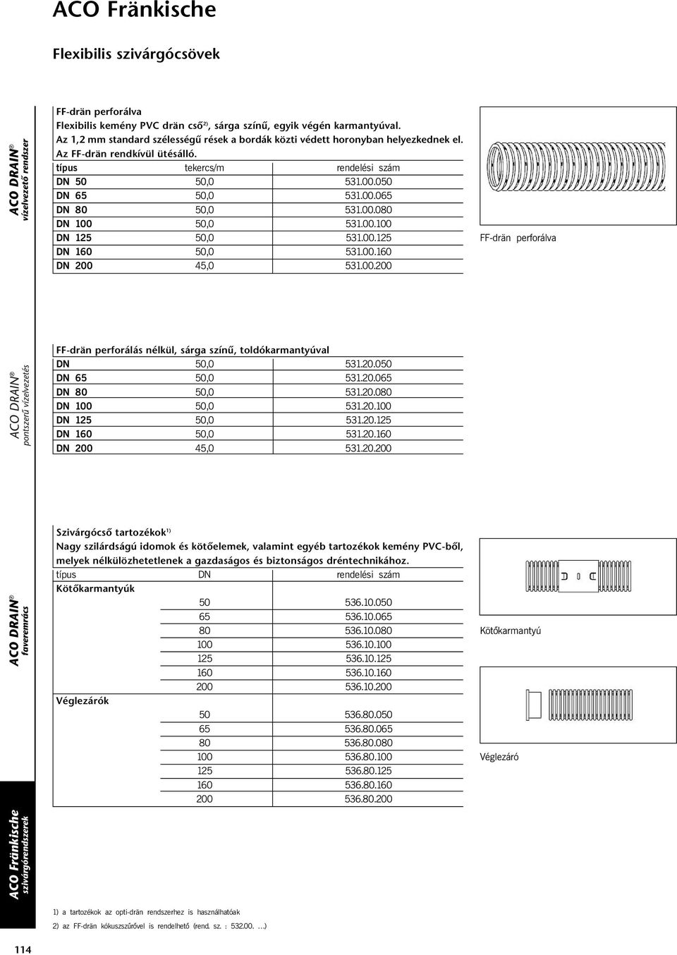 00.080 DN 100 50,0 531.00.100 DN 125 50,0 531.00.125 DN 160 50,0 531.00.160 DN 200 45,0 531.00.200 FF-drän perforálva FF-drän perforálás nélkül, sárga színű, toldókarmantyúval DN 50,0 531.20.050 DN 65 50,0 531.