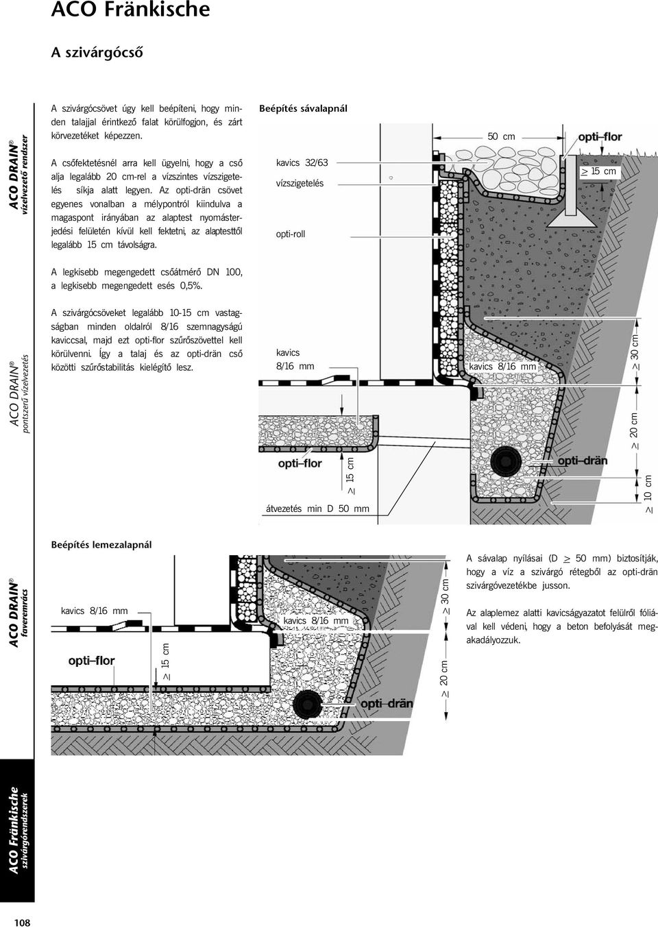 Az opti-drän csövet egyenes vonalban a mélypontról kiindulva a magaspont irányában az alaptest nyomásterjedési felületén kívül kell fektetni, az alaptesttõl legalább 15 cm távolságra.