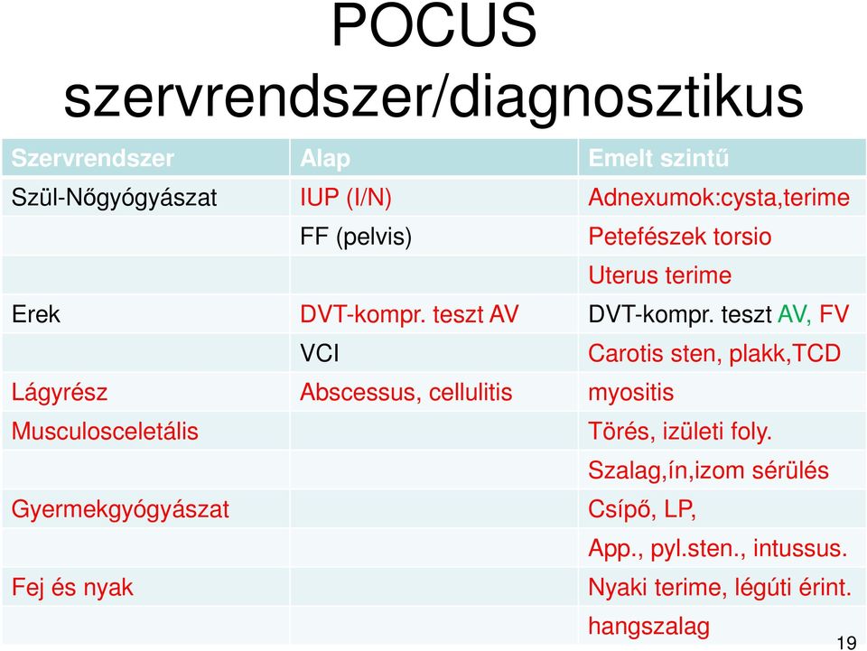 teszt AV, FV VCI Carotis sten, plakk,tcd Lágyrész Abscessus, cellulitis myositis Musculosceletális Törés,