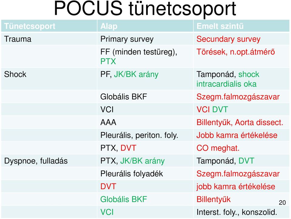 PTX, DVT Szegm.falmozgászavar VCI DVT Billentyűk, Aorta dissect. Jobb kamra értékelése CO meghat.