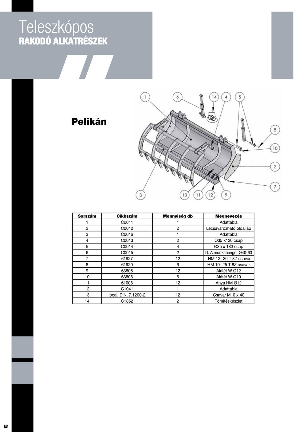 A munkahenger Ø40-63 7 61927 12 HM 12-30 T 8Z csavar 8 61920 6 HM 10-25 T 8Z csavar 9 63806 12 Alátét W Ø12 10