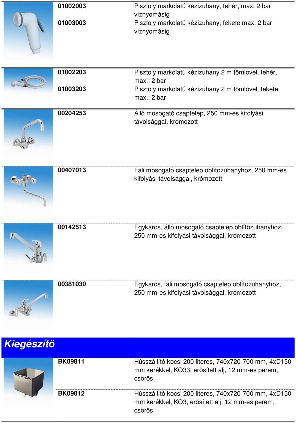 : 2 bar 00204253 Álló mosogató csaptelep, 250 mm-es kifolyási távolsággal, krómozott 00407013 Fali mosogató csaptelep öblítőzuhanyhoz, 250 mm-es kifolyási távolsággal, krómozott 00142513 Egykaros,