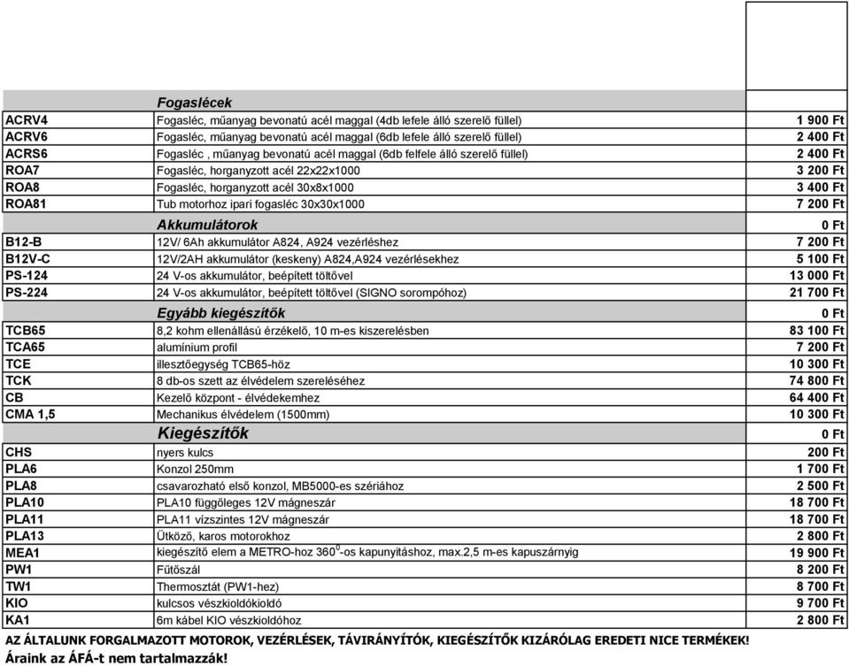 30x30x1000 7 20 Akkumulátorok B12-B 12V/ 6Ah akkumulátor A824, A924 vezérléshez 7 20 B12V-C 12V/2AH akkumulátor (keskeny) A824,A924 vezérlésekhez 5 10 PS-124 24 V-os akkumulátor, beépített töltővel