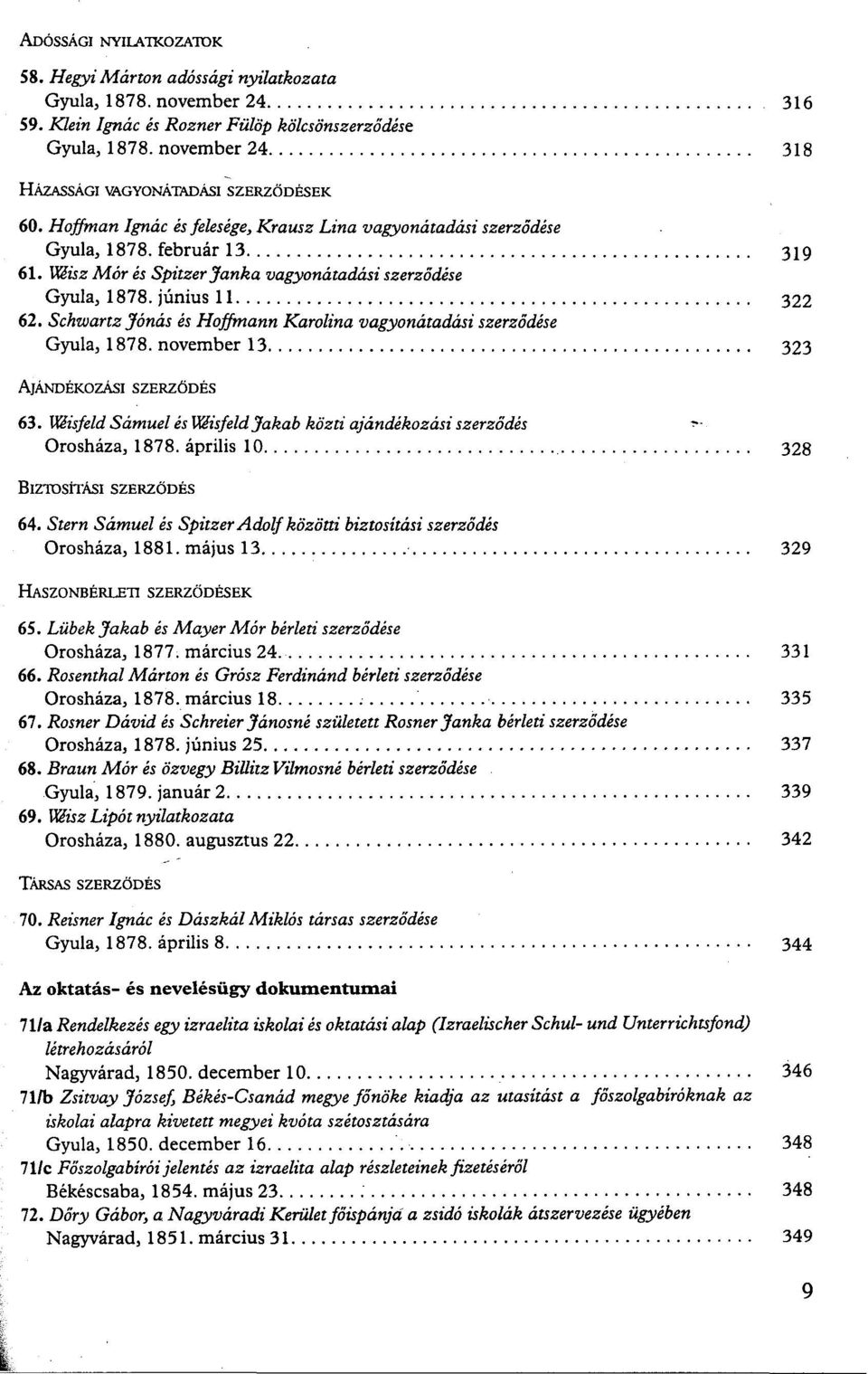 Wisz Mór és Spitzer Janka vagyonátadási szerződése Gyula, 1878. június 11 322 62. Schwartz Jónás és Hoffmann Karolina vagyonátadási szerződése Gyula, 1878. november 13 323 AJÁNDÉKOZÁSI SZERZŐDÉS 63.