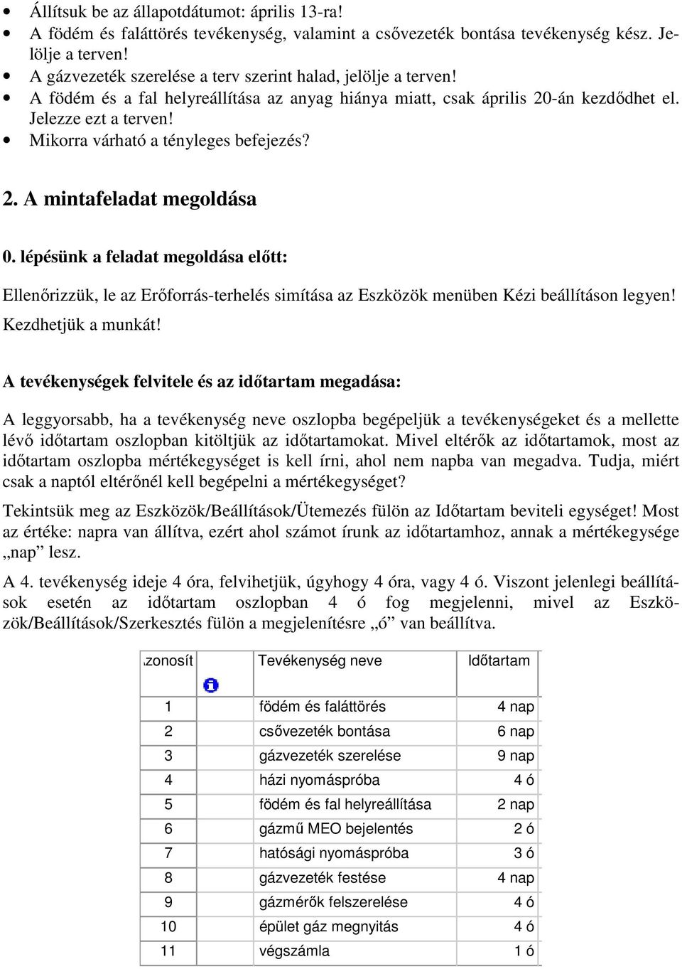 Mikorra várható a tényleges befejezés? 2. A mintafeladat megoldása 0. lépésünk a feladat megoldása elıtt: Ellenırizzük, le az Erıforrás-terhelés simítása az Eszközök menüben Kézi beállításon legyen!