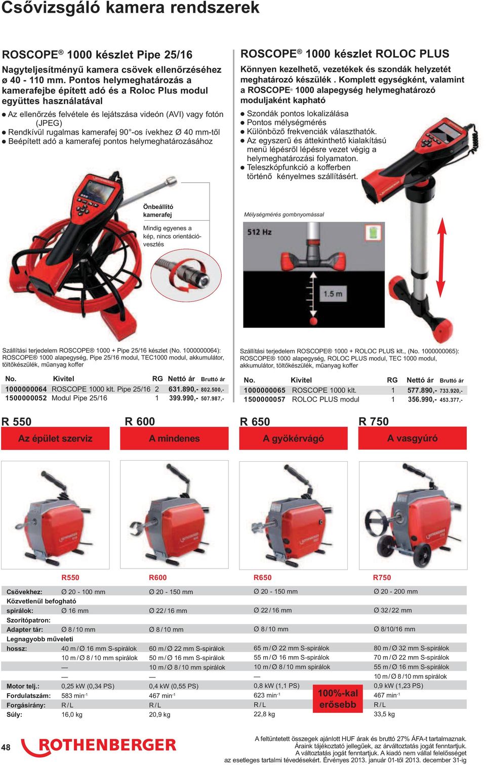 ívekhez Ø 40 mm-tıl Beépített adó a kamerafej pontos helymeghatározásához ROSCOPE 1000 készlet ROLOC PLUS Könnyen kezelhetı, vezetékek és szondák helyzetét meghatározó készülék.
