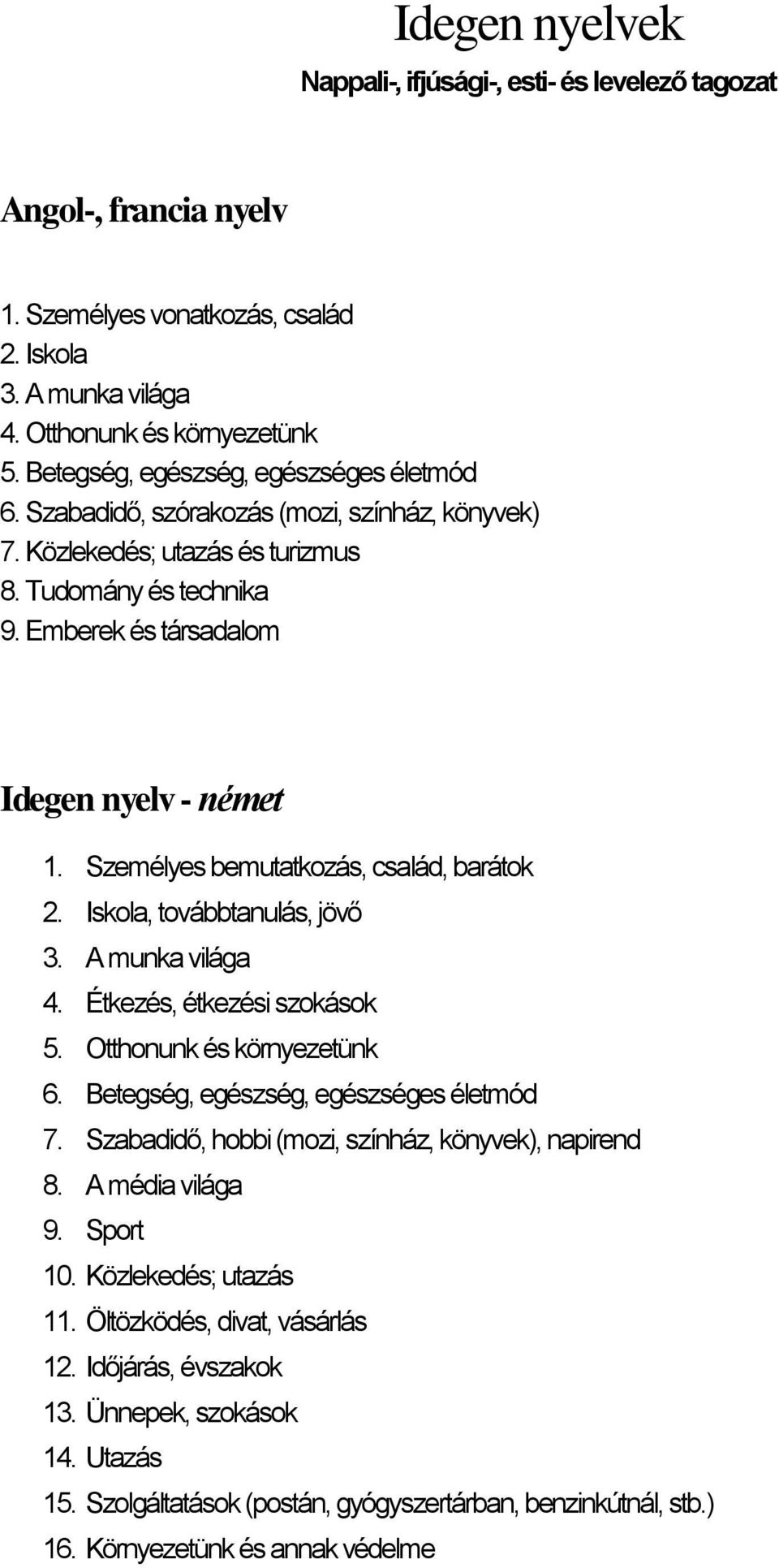 Személyes bemutatkozás, család, barátok 2. Iskola, továbbtanulás, jövő 3. A munka világa 4. Étkezés, étkezési szokások 5. Otthonunk és környezetünk 6. Betegség, egészség, egészséges életmód 7.