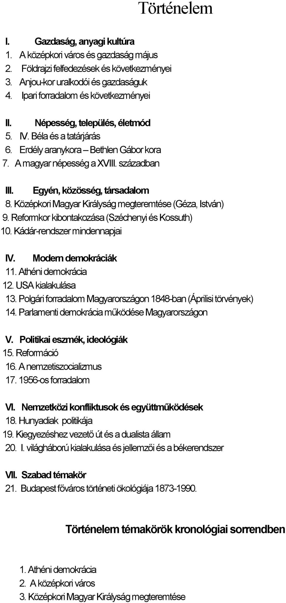 Középkori Magyar Királyság megteremtése (Géza, István) 9. Reformkor kibontakozása (Széchenyi és Kossuth) 10. Kádár-rendszer mindennapjai IV. Modern demokráciák 11. Athéni demokrácia 12.