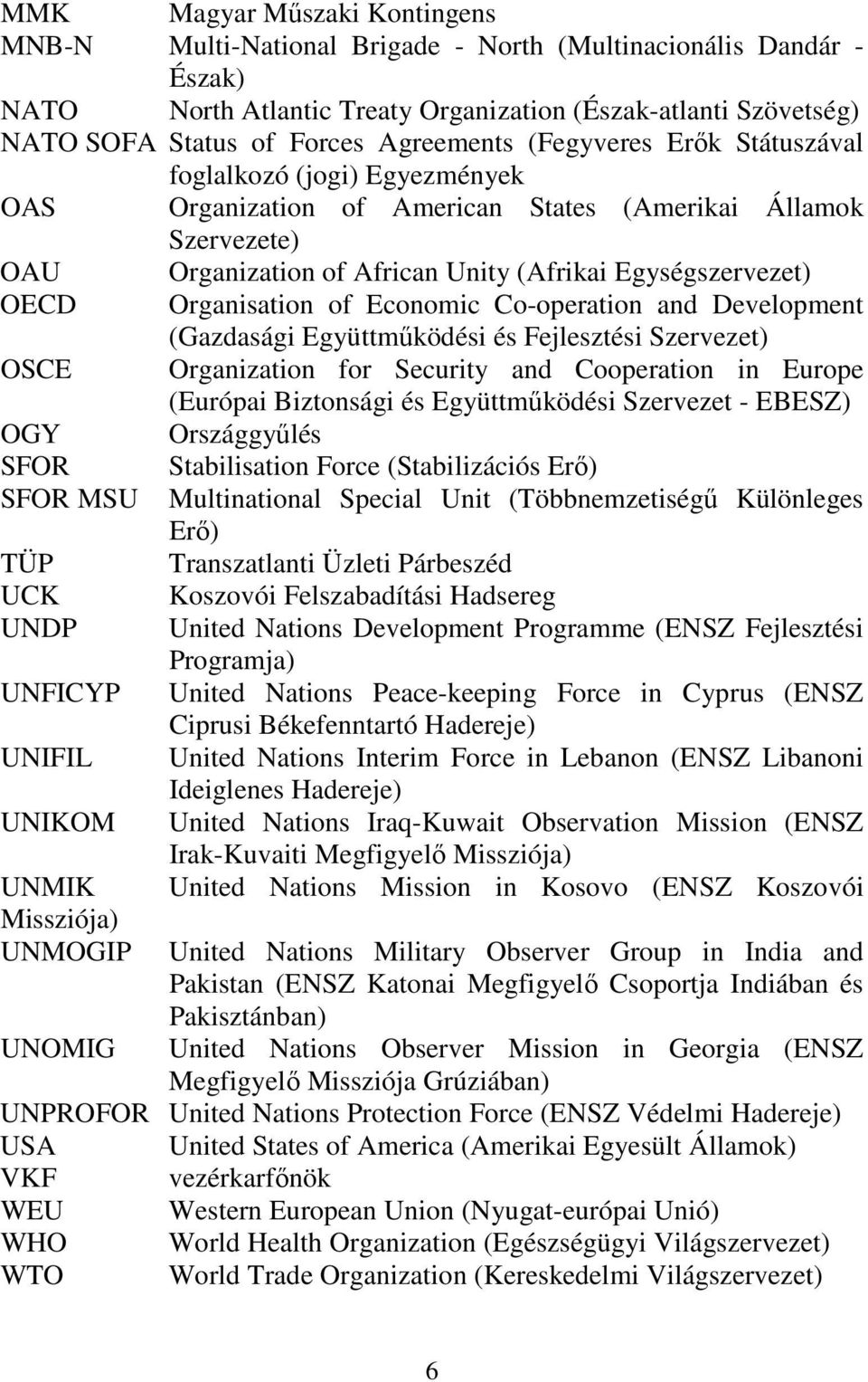 Organisation of Economic Co-operation and Development (Gazdasági Együttműködési és Fejlesztési Szervezet) OSCE Organization for Security and Cooperation in Europe (Európai Biztonsági és