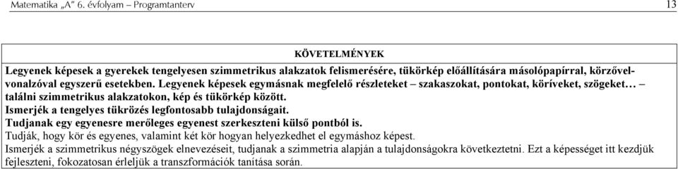 Legyenek képesek egymásnak megfelelő részleteket szakaszokat, pontokat, köríveket, szögeket találni szimmetrikus alakzatokon, kép és tükörkép között.