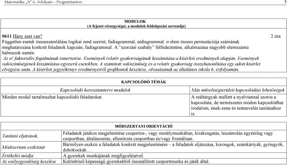 A szorzási szabály felfedeztetése, alkalmazása nagyobb elemszámú halmazok esetén. Az n! faktoriális fogalmának ismertetése. Események relatív gyakoriságának kiszámítása a kísérleti eredmények alapján.