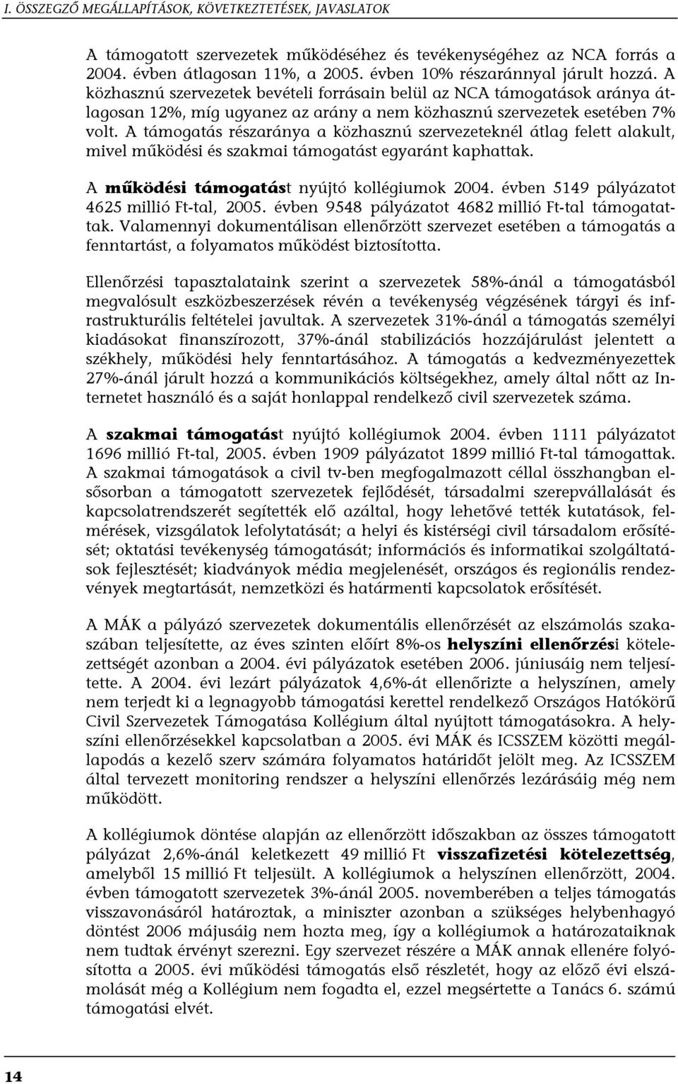 A támogatás részaránya a közhasznú szervezeteknél átlag felett alakult, mivel működési és szakmai támogatást egyaránt kaphattak. A működési támogatást nyújtó kollégiumok 2004.