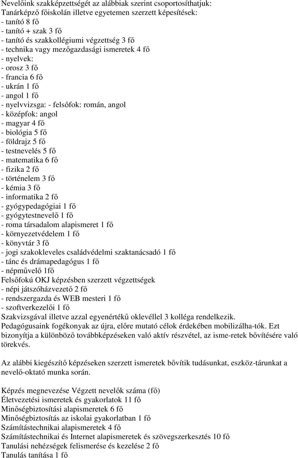 fı - földrajz 5 fı - testnevelés 5 fı - matematika 6 fı - fizika 2 fı - történelem 3 fı - kémia 3 fı - informatika 2 fı - gyógypedagógiai 1 fı - gyógytestnevelı 1 fı - roma társadalom alapismeret 1