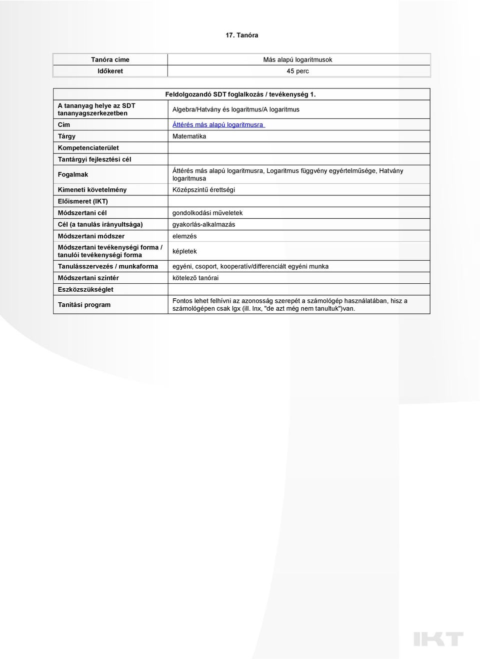 műveletek gyakorlás-alkalmazás elemzés képletek egyéni, csoport, kooperatív/differenciált egyéni munka kötelező tanórai