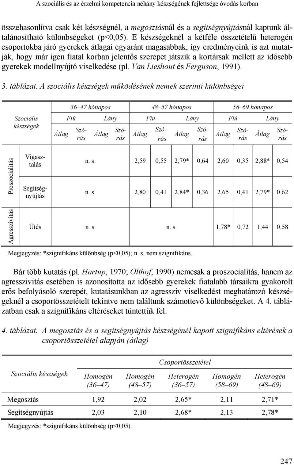 E készségeknél a kétféle összetételű heterogén csoportokba járó gyerekek átlagai egyaránt magasabbak, így eredményeink is azt mutatják, hogy már igen fiatal korban jelentős szerepet játszik a