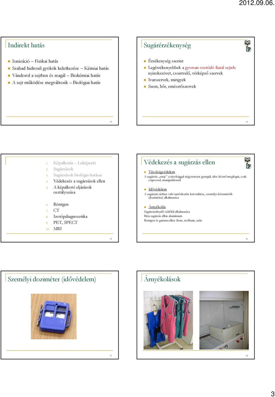 Sugárzások 3. Sugárzások biológia hatásai 4. Védekezés a sugárzások ellen 5. A képalkotó eljárások osztályozása 6. Röntgen 7. CT 8. Izotópdiagnosztika 9. PET, SPECT 10.