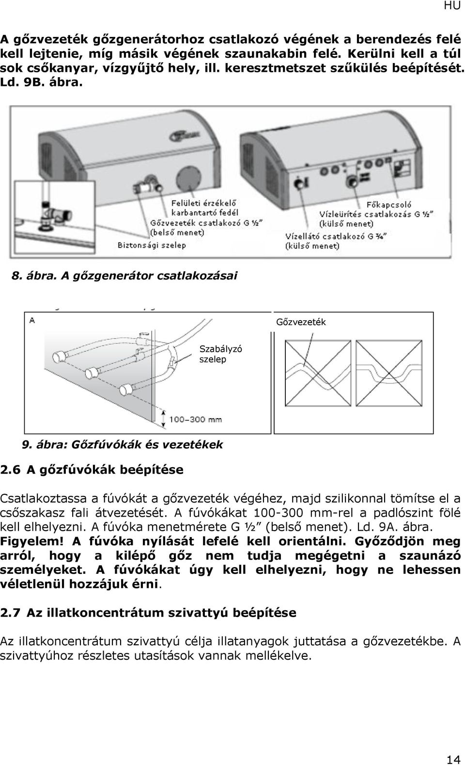 6 A gőzfúvókák beépítése Csatlakoztassa a fúvókát a gőzvezeték végéhez, majd szilikonnal tömítse el a csőszakasz fali átvezetését. A fúvókákat 100-300 mm-rel a padlószint fölé kell elhelyezni.