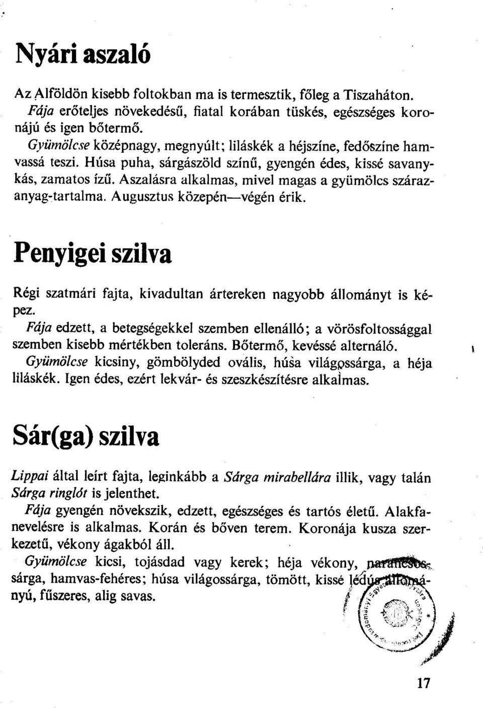 Aszalásra alkalmas, mivel magas a gyümölcs szárazanyag~ tartalma. Augusztus közepén-végén érik. Penyigei szilva Régi szatmári fajta, kivaduttan ártereken nagyobb állományt is képez.