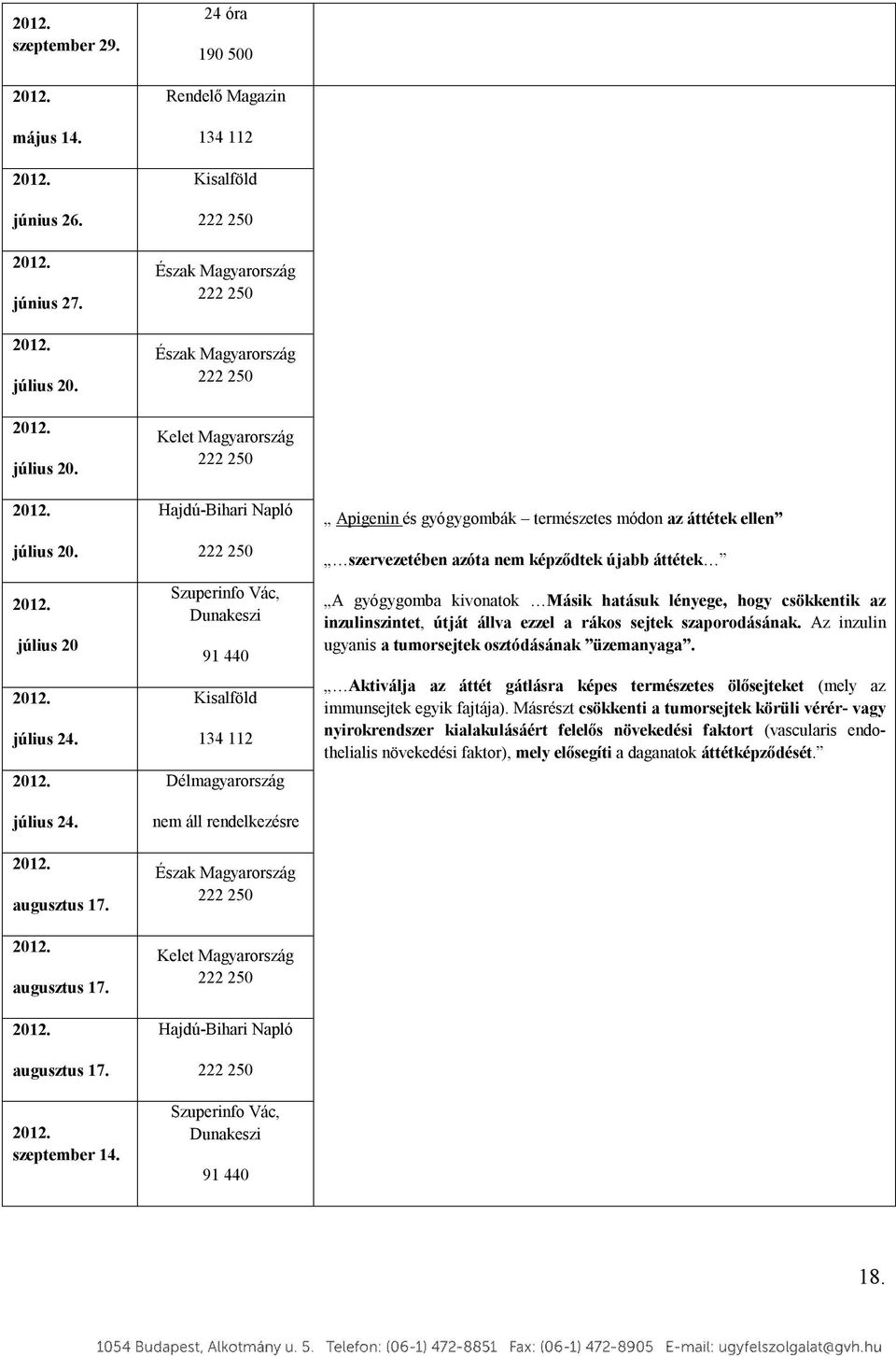 Észak Magyarország Kelet Magyarország HajdúBihari Napló Szuperinfo Vác, Dunakeszi 91 440 Apigenin és gyógygombák természetes módon az áttétek ellen szervezetében azóta nem képződtek újabb áttétek A