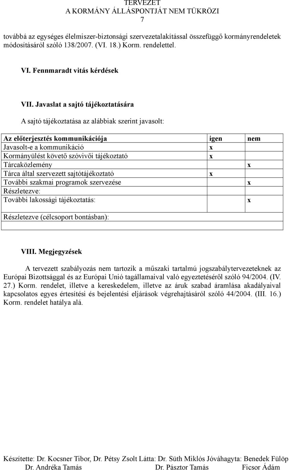 Tárcaközlemény x Tárca által szervezett sajtótájékoztató x További szakmai programok szervezése x Részletezve: További lakossági tájékoztatás: x Részletezve (célcsoport bontásban): VIII.