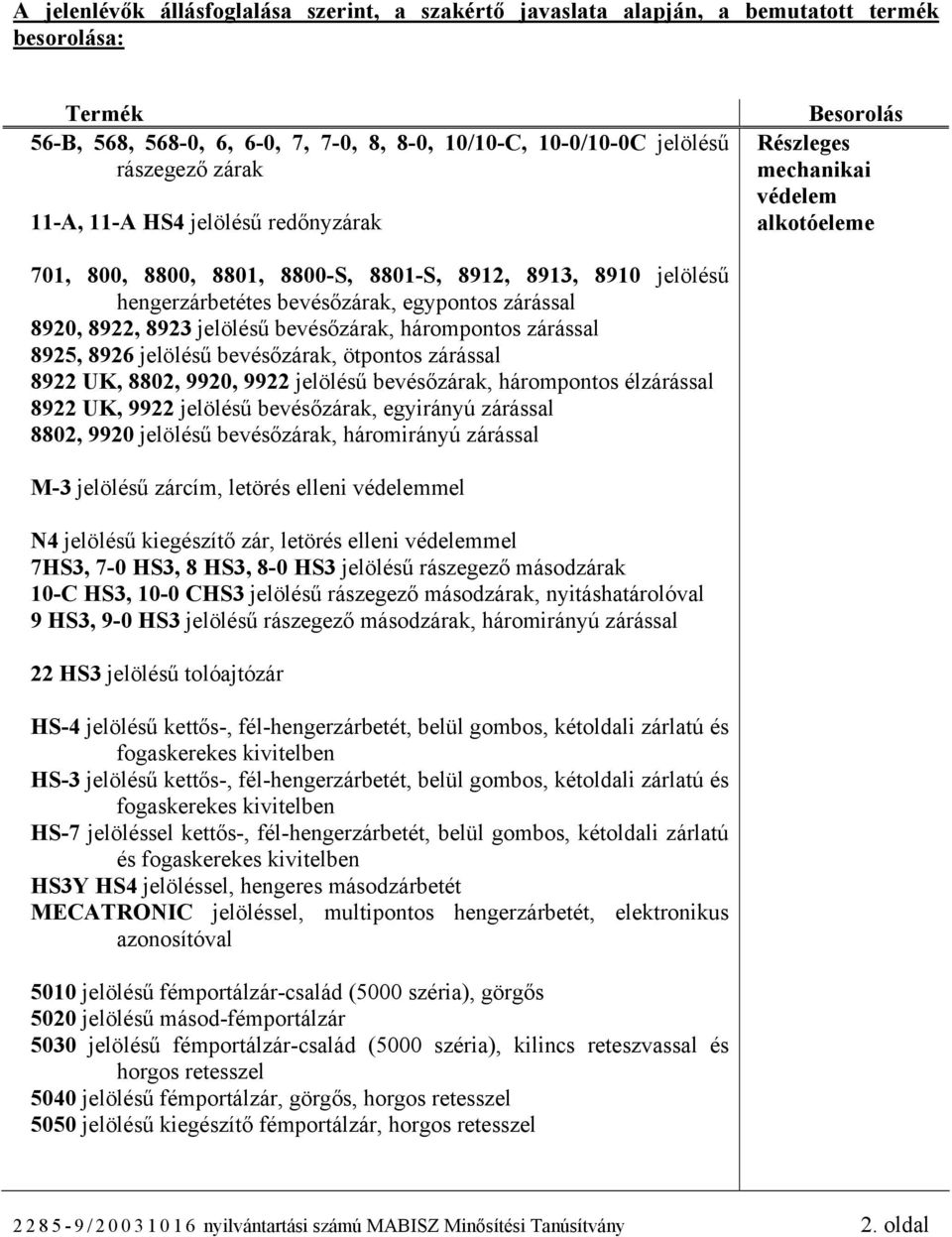 hárompontos zárással 8925, 8926 jelölésű bevésőzárak, ötpontos zárással 8922 UK, 8802, 9920, 9922 jelölésű bevésőzárak, hárompontos élzárással 8922 UK, 9922 jelölésű bevésőzárak, egyirányú zárással