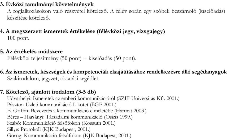 ) Pásztor: Üzleti kommunikáció I. kötet (BGF 2001.) E. Griffin: Bevezetés a kommunikáció elméletébe (Harmat 2003.