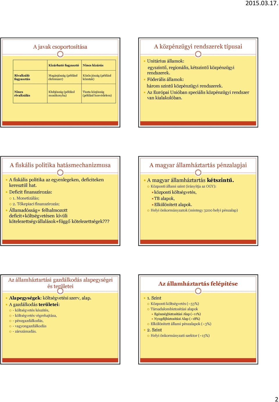 Nincs rivalizálás Klubjószág (például mosókonyha) Tiszta közjószág (például honvédelem) Az Európai Unióban speciális közpénzügyi rendszer van kialakulóban.