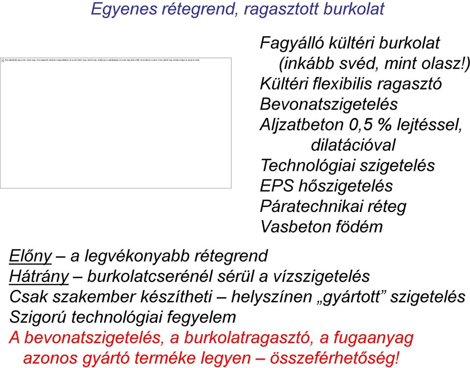 ) Kültéri flexibilis ragasztó Bevonatszigetelés Aljzatbeton 0,5 % lejtéssel, dilatációval Technológiai szigetelés EPS hőszigetelés Páratechnikai réteg Vasbeton födém Előny a legvékonyabb