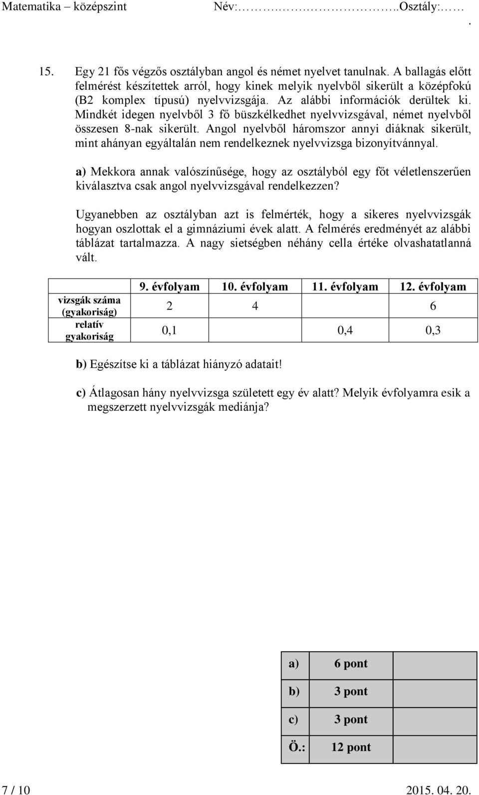 ahányan egyáltalán nem rendelkeznek nyelvvizsga bizonyítvánnyal Mekkora annak valószínűsége, hogy az osztályból egy főt véletlenszerűen kiválasztva csak angol nyelvvizsgával rendelkezzen?