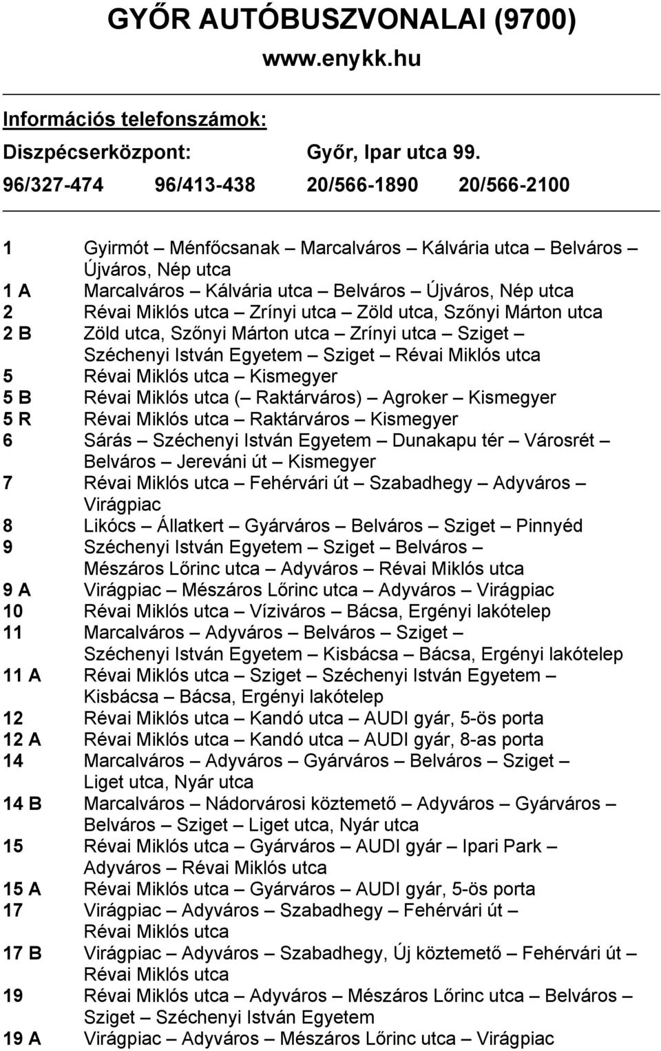 Zrínyi utca Zöld utca, Szőnyi Márton utca 2 B Zöld utca, Szőnyi Márton utca Zrínyi utca Sziget Széchenyi István Egyetem Sziget Révai Miklós utca 5 Révai Miklós utca Kismegyer 5 B Révai Miklós utca (