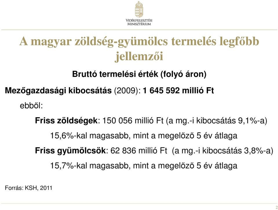 mg.-i kibocsátás 9,1%-a) 15,6%-kal magasabb, mint a megelőző 5 év átlaga Friss gyümölcsök: 62 836