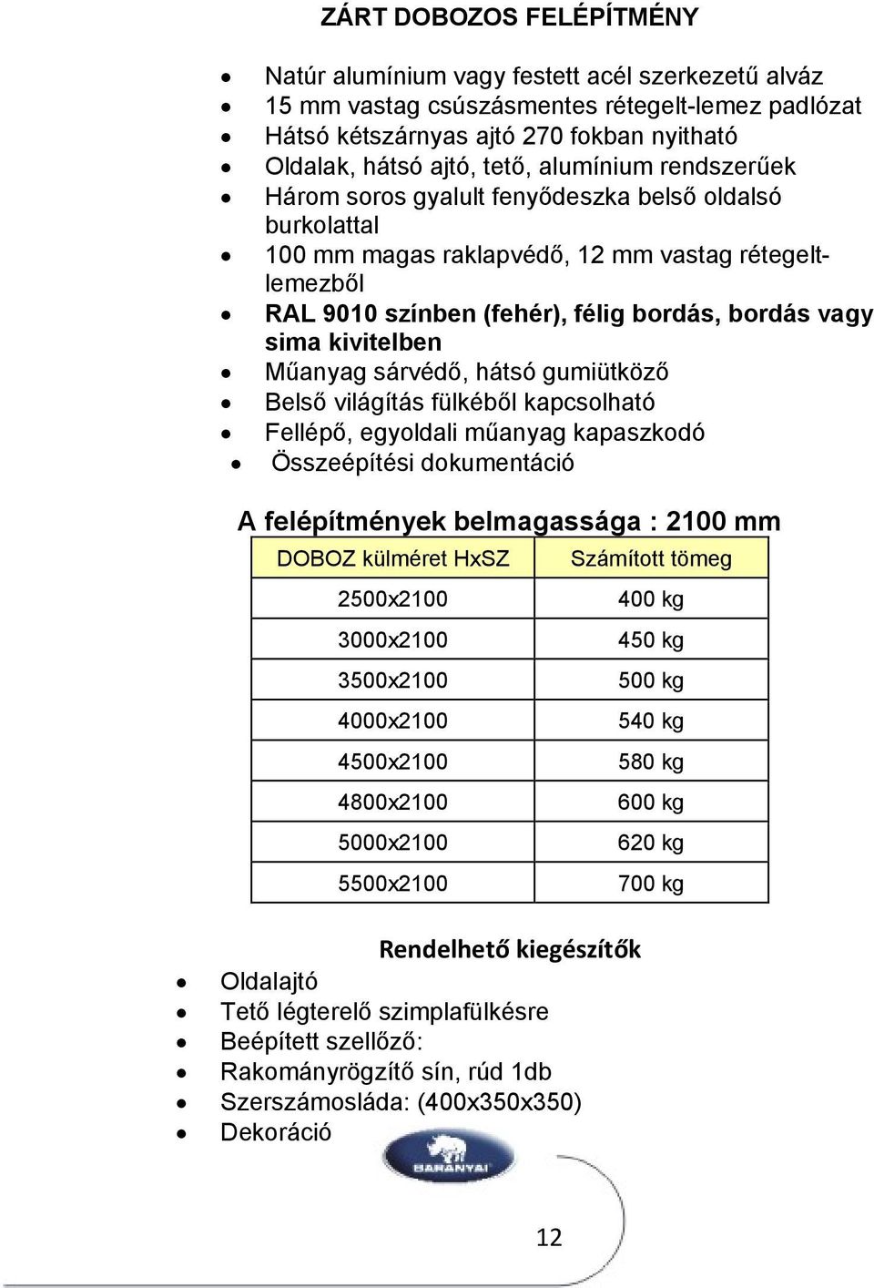 kivitelben Műanyag sárvédő, hátsó gumiütköző Belső világítás fülkéből kapcsolható Fellépő, egyoldali műanyag kapaszkodó Összeépítési dokumentáció A felépítmények belmagassága : 2100 mm DOBOZ külméret