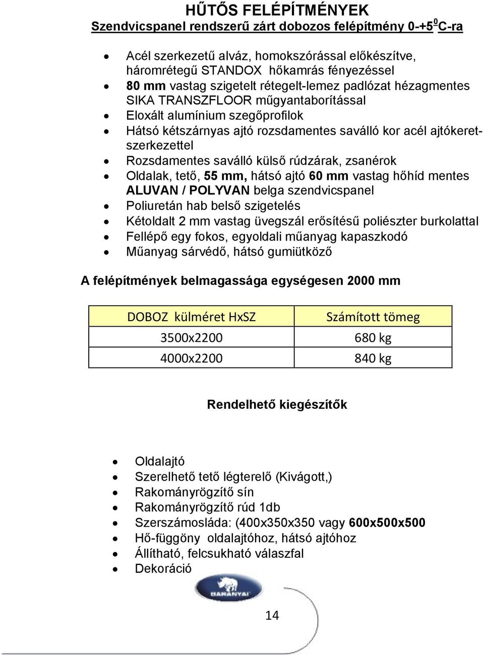 külső rúdzárak, zsanérok Oldalak, tető, 55 mm, hátsó ajtó 60 mm vastag hőhíd mentes ALUVAN / POLYVAN belga szendvicspanel Poliuretán hab belső szigetelés Kétoldalt 2 mm vastag üvegszál erősítésű