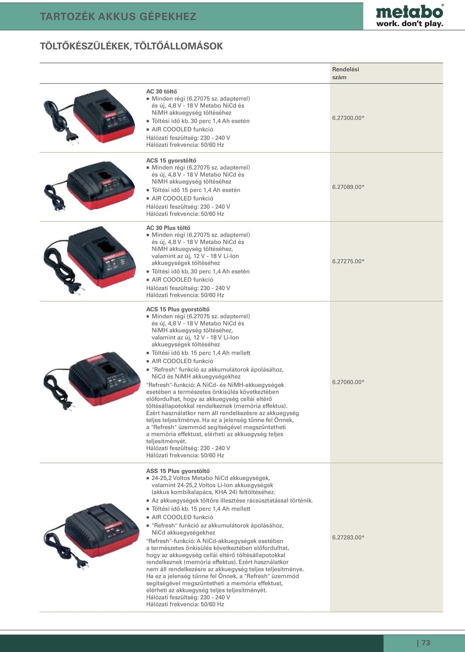 adapterrel) és új, 4,8 V - 18 V Metabo NiCd és NiMH akku töltéséhez Töltési idő 15 1,4 Ah esetén AIR COOOLED funkció Hálózati feszültség: 230-240 V Hálózati frekvencia: 50/60 Hz AC 30 Plus töltő