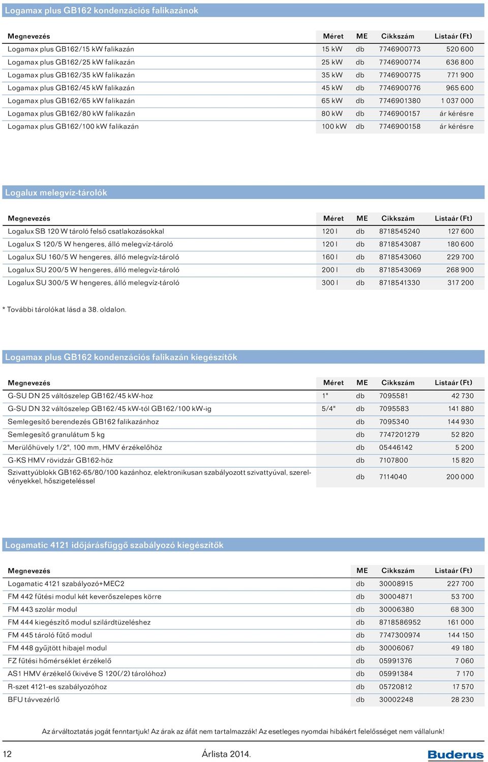 falikazán 80 kw db 7746900157 ár kérésre Logamax plus GB162/100 kw falikazán 100 kw db 7746900158 ár kérésre Logalux melegvíz-tárolók Logalux SB 120 W tároló felső csatlakozásokkal 120 l db