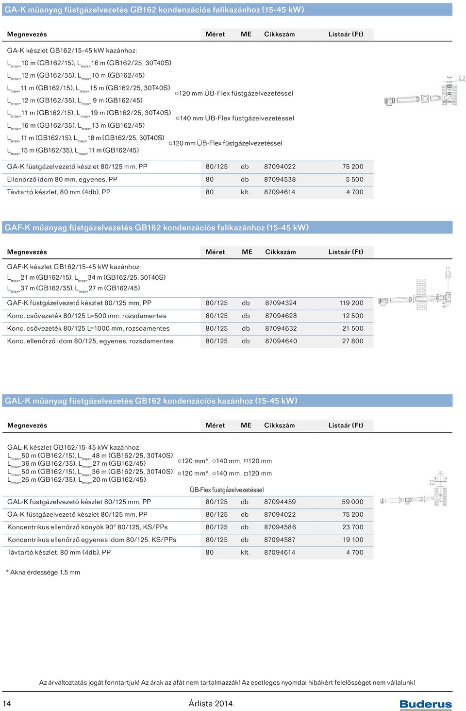 m (GB162/45) 11 m (GB162/15), 18 m (GB162/25, 30T40S) 120 mm ÜB-Flex füstgázelvezetéssel 15 m (GB162/35), 11 m (GB162/45) GA-K füstgázelvezető készlet 80/125 mm, PP 80/125 db 87094022 75 200