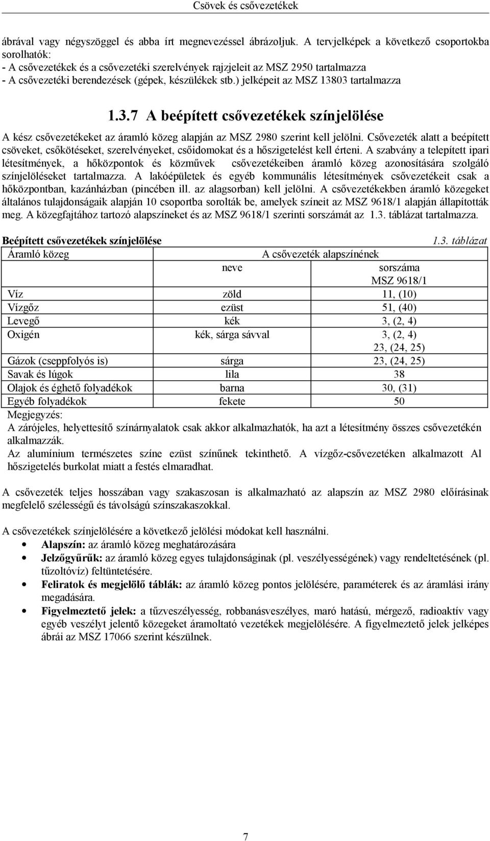 ) jelképeit az MSZ 13803 tartalmazza 1.3.7 A beépített csővezetékek színjelölése A kész csővezetékeket az áramló közeg alapján az MSZ 2980 szerint kell jelölni.