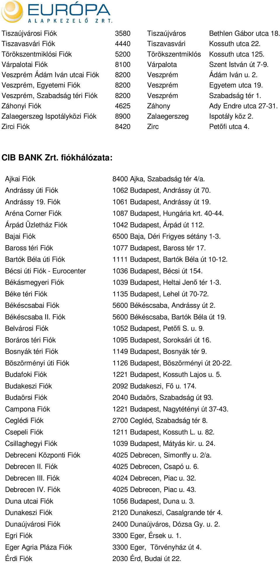 Veszprém, Szabadság téri Fiók 8200 Veszprém Szabadság tér 1. Záhonyi Fiók 4625 Záhony Ady Endre utca 27-31. Zalaegerszeg Ispotályközi Fiók 8900 Zalaegerszeg Ispotály köz 2.