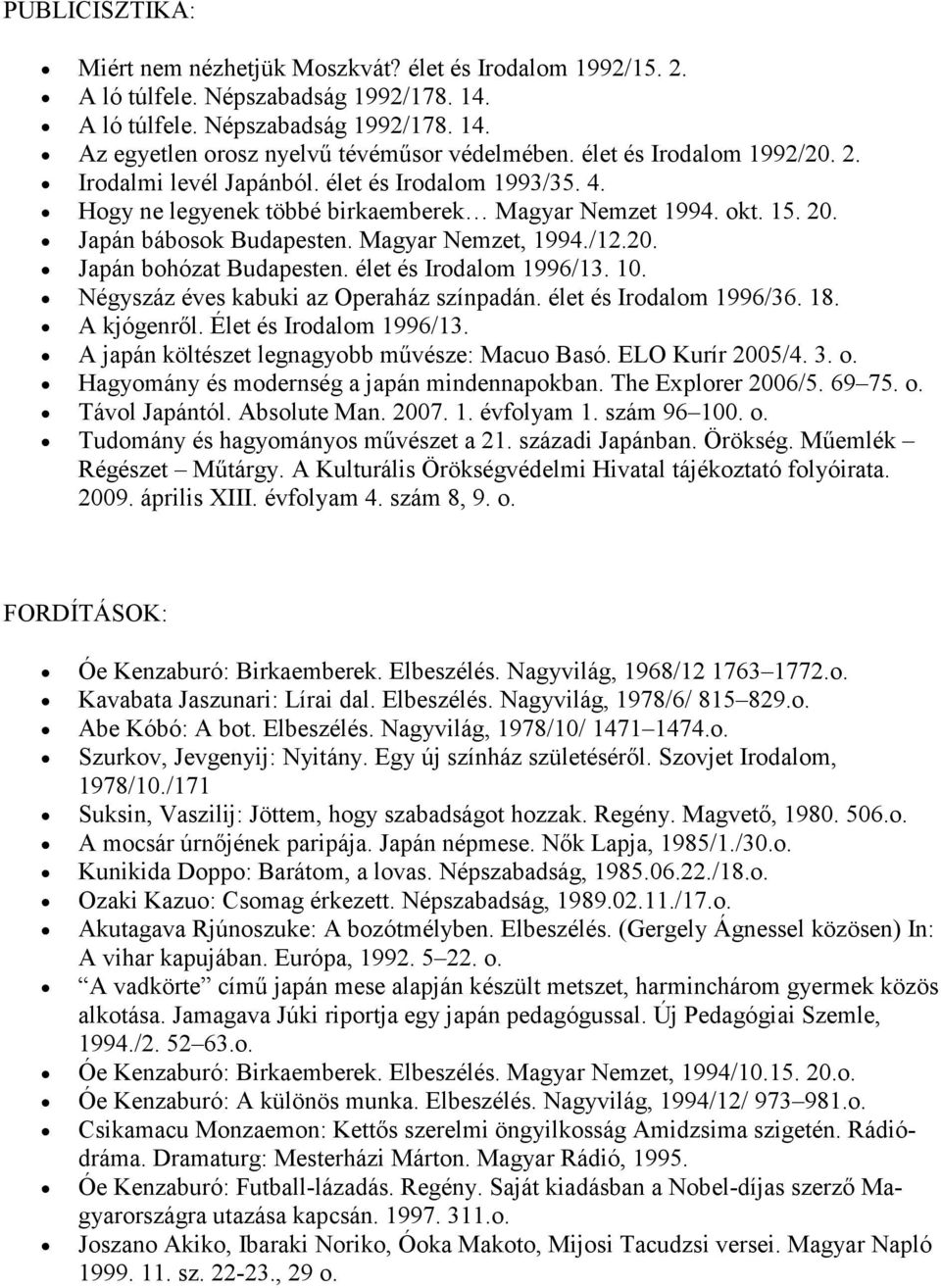 /12.20. Japán bohózat Budapesten. élet és Irodalom 1996/13. 10. Négyszáz éves kabuki az Operaház színpadán. élet és Irodalom 1996/36. 18. A kjógenről. Élet és Irodalom 1996/13.