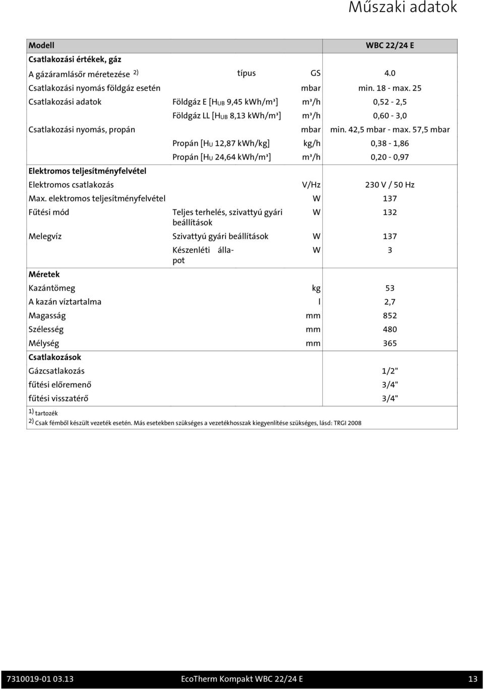 57,5 mbar Elektromos teljesítményfelvétel Propán [HU 12,87 kwh/kg] kg/h 0,38-1,86 Propán [HU 24,64 kwh/m³] m³/h 0,20-0,97 Elektromos csatlakozás V/Hz 230 V / 50 Hz Max.