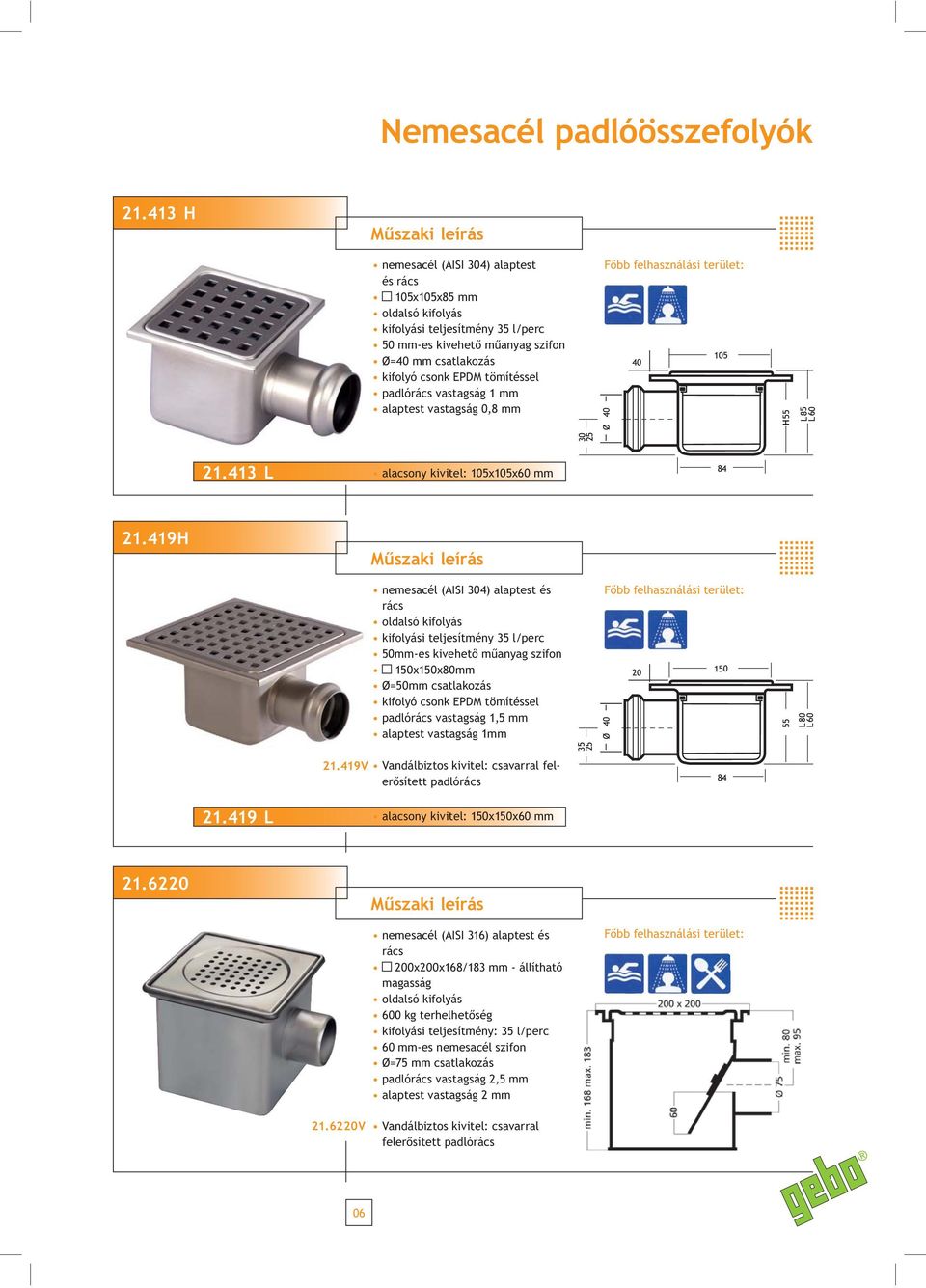 padlórács vastagság 1 mm alaptest vastagság 0,8 mm 21.413 L alacsony kivitel: 105x105x60 mm 21.