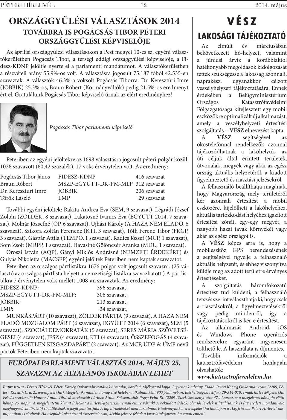 A választásra jogosult 75.187 főből 42.535-en szavaztak. A választók 46.3%-a voksolt Pogácsás Tiborra. Dr. Keresztúri Imre (JOBBIK) 25.3%-os, Braun Róbert (Kormányváltók) pedig 21.