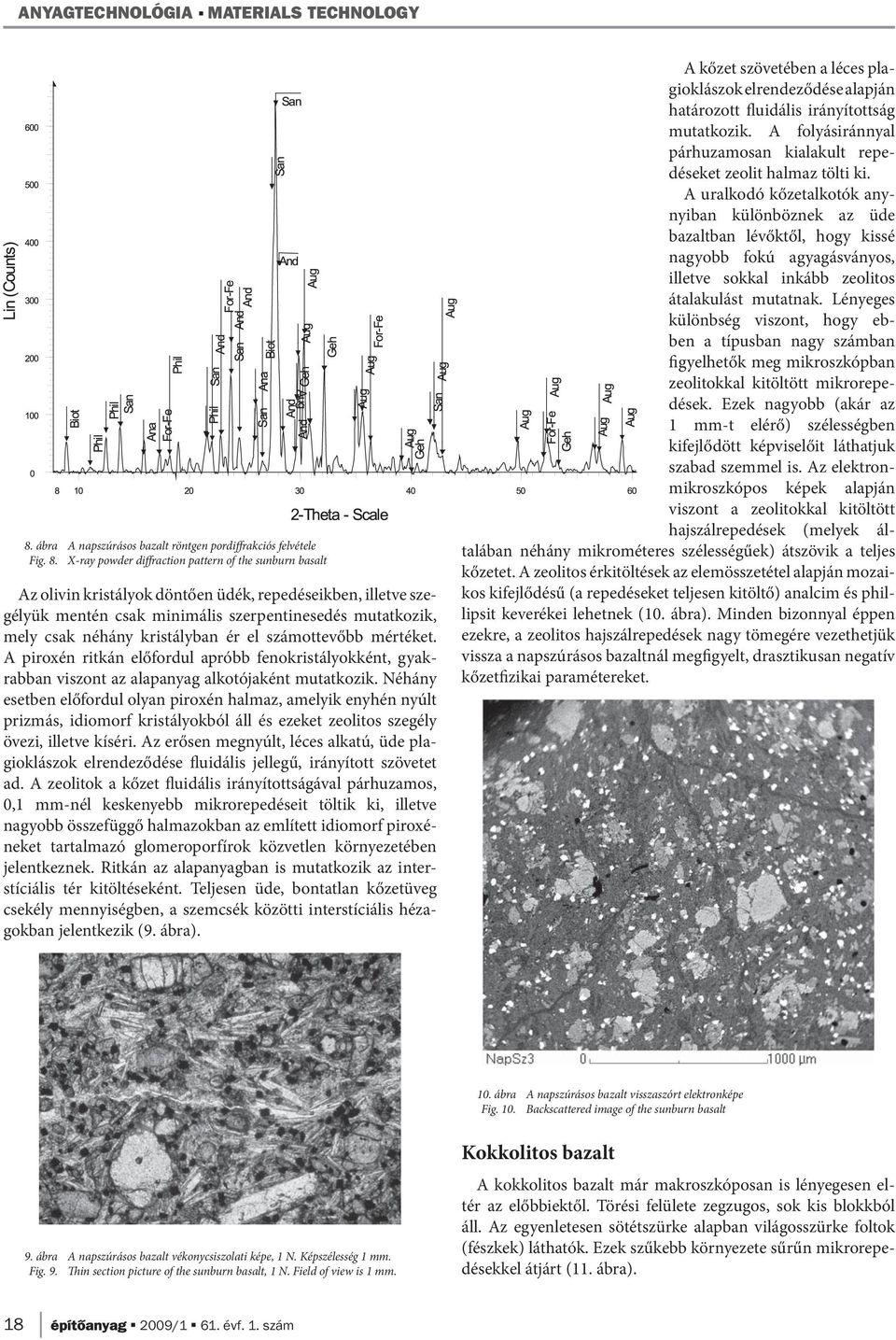 X-ray powder diffraction pattern of the sunburn basalt Az olivin kristályok döntően üdék, repedéseikben, illetve szegélyük mentén csak minimális szerpentinesedés mutatkozik, mely csak néhány