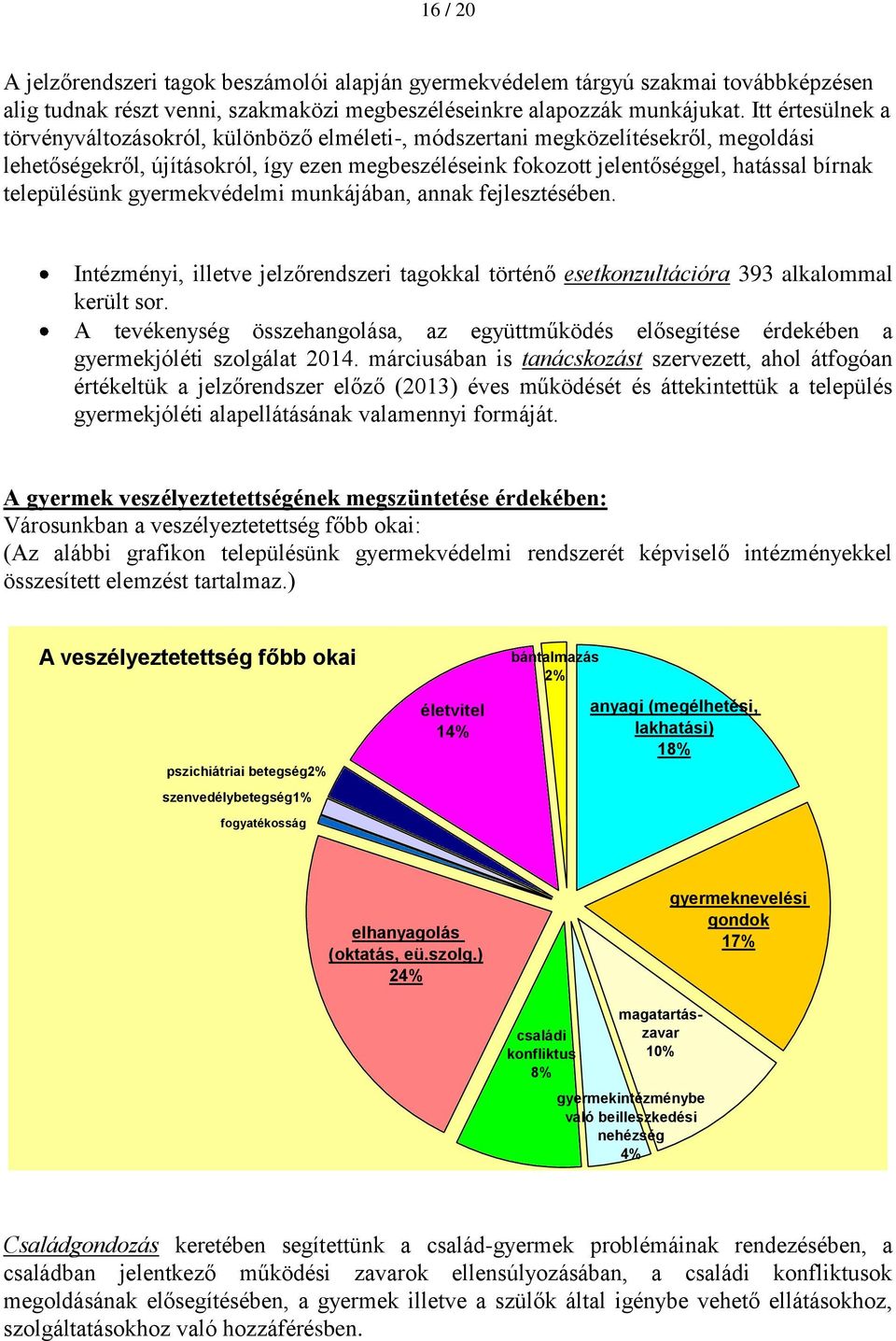 településünk gyermekvédelmi munkájában, annak fejlesztésében. Intézményi, illetve jelzőrendszeri tagokkal történő esetkonzultációra 393 alkalommal került sor.