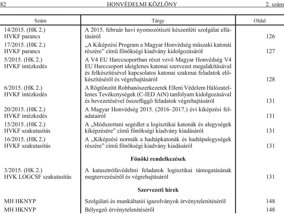 február havi nyomozótiszti készenléti szolgálat ellátásáról 126 A Kiképzési Program a Magyar Honvédség mûszaki katonái részére címû fõnökségi kiadvány kidolgozásáról 127 A V4 EU Harccsoportban részt