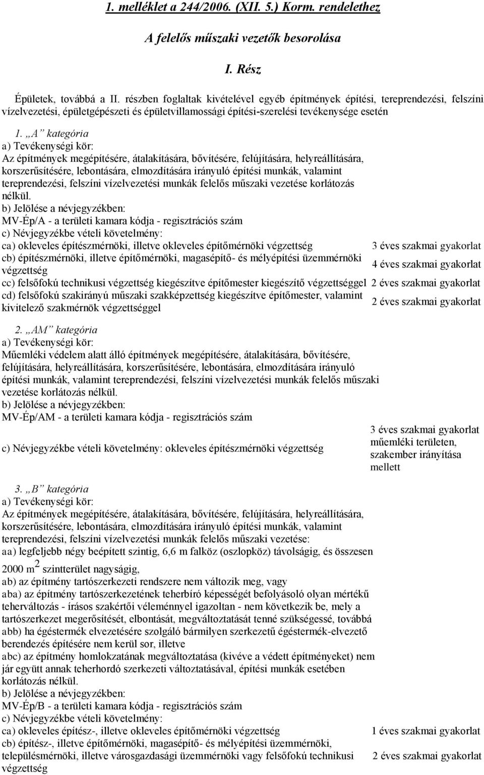 A kategória a) Tevékenységi kör: Az építmények megépítésére, átalakítására, bővítésére, felújítására, helyreállítására, korszerűsítésére, lebontására, elmozdítására irányuló építési munkák, valamint