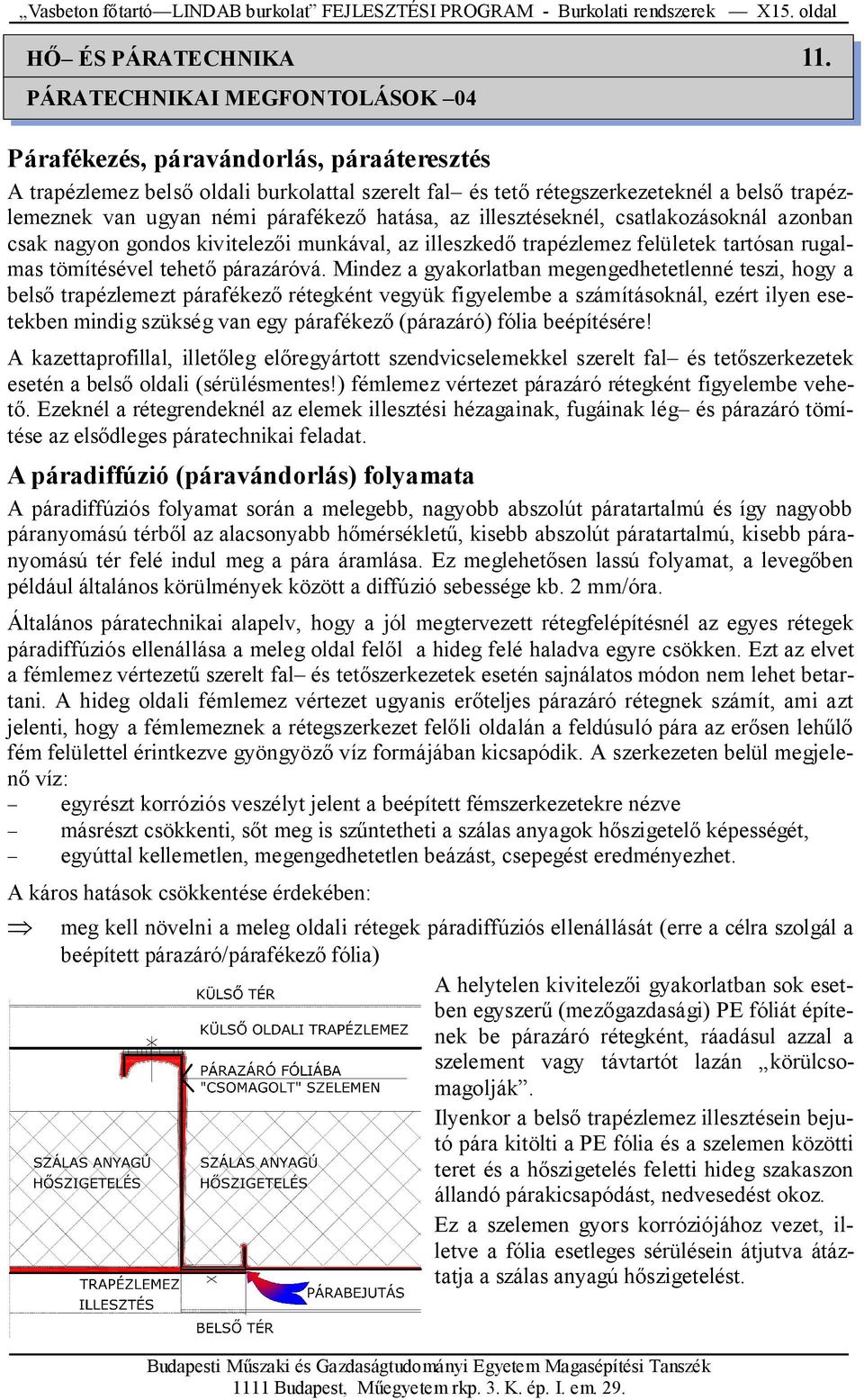 párafékezı hatása, az illesztéseknél, csatlakozásoknál azonban csak nagyon gondos kivitelezıi munkával, az illeszkedı trapézlemez felületek tartósan rugalmas tömítésével tehetı párazáróvá.